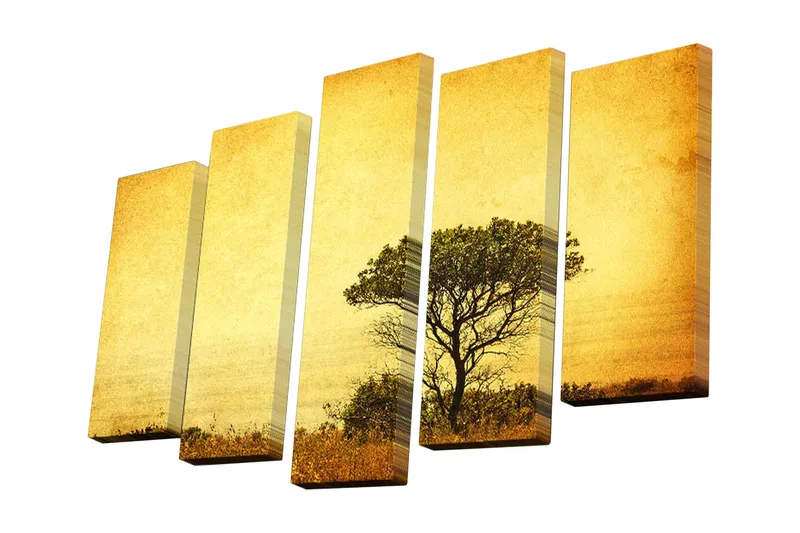 5-osainen canvas-taulu 82x50 cm - Puun siluetti kultaista taustaa vasten, Kulta / Musta