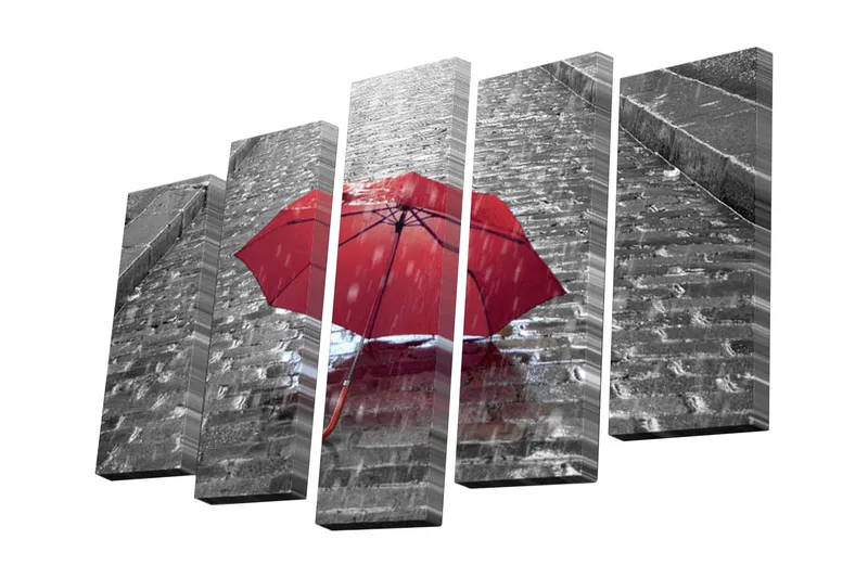 5-osainen canvas-taulu 82x50 cm - Punainen sateenvarjo sateisella kadulla, Punainen / Harmaa