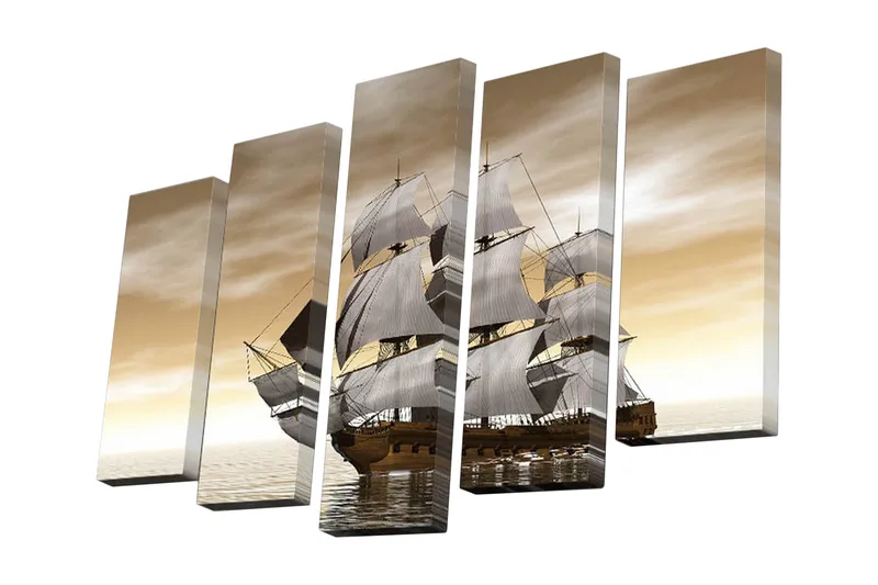 5-osainen canvas-taulu 82x50 cm - Purjevene tyynellä merellä auringonlaskun valossa, Beige / Ruskea / Valkoinen
