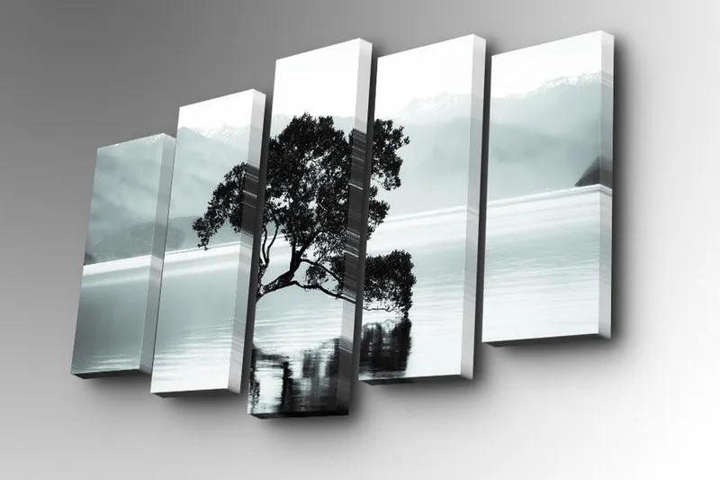 5-osainen canvas-taulu 82x50 cm - Puun siluetti tyynen järven rannalla, taustalla kaukaiset vuoret - Musta / Harmaa / Valkoinen - Sisustustuotteet - Taulu & taide - Canvas-taulu