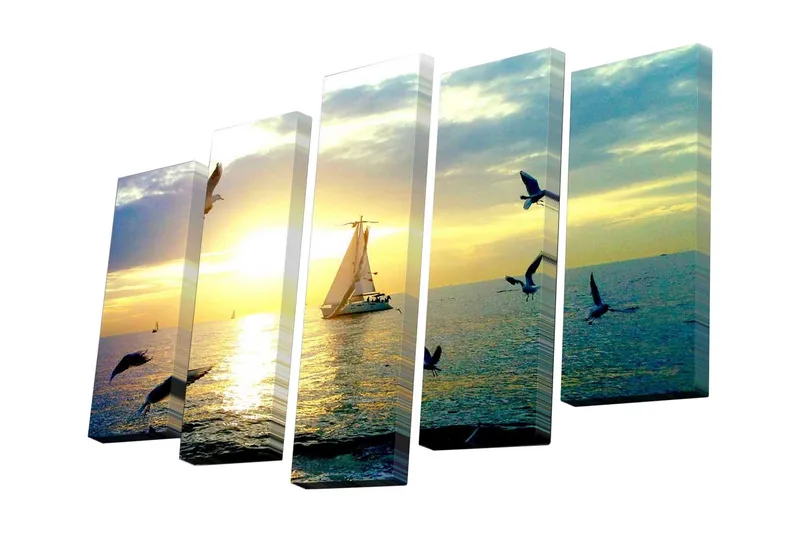 5-osainen canvas-taulu 82x50 cm - Purjevene merellä auringonlaskun aikaan, Kulta / Sininen / Valkoinen