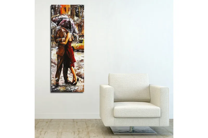 Canvas 30x80 cm - Romanttinen tanssi sateenvarjon alla sateessa - Punainen / Ruskea / Harmaa - Sisustustuotteet - Taulu & taide - Canvas-taulu