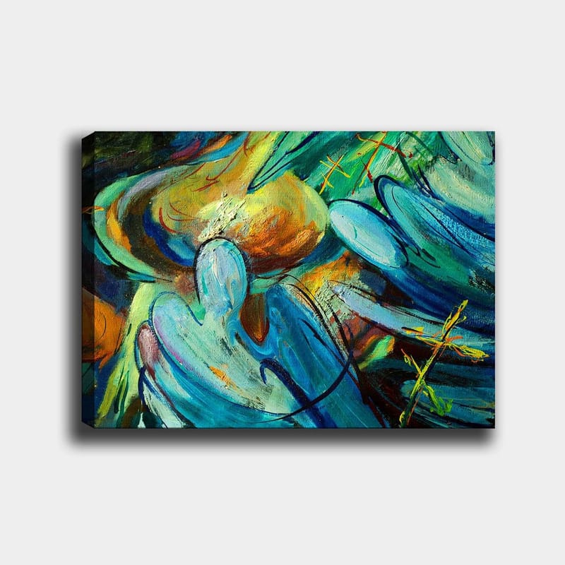 Canvas 70x100 cm - Abstrakti sommitelma, jossa hahmot näyttävät olevan vuorovaikutuksessa dynaamisessa liikkeessä - Sininen / Vihreä / Oranssi - Sisustustuotteet - Taulu & taide - Canvas-taulu