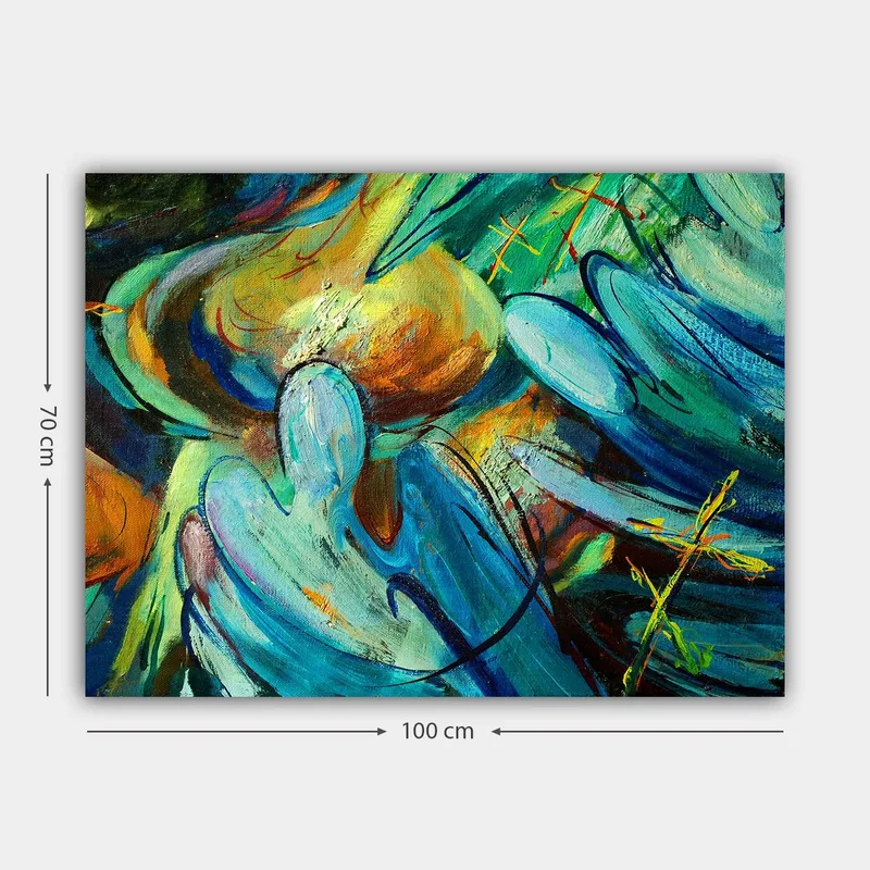 Canvas 70x100 cm - Abstrakti sommitelma, jossa hahmot näyttävät olevan vuorovaikutuksessa dynaamisessa liikkeessä - Sininen / Vihreä / Oranssi - Sisustustuotteet - Taulu & taide - Canvas-taulu