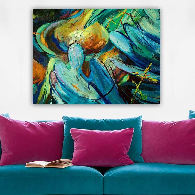 Canvas 70x100 cm - Abstrakti sommitelma, jossa hahmot näyttävät olevan vuorovaikutuksessa dynaamisessa liikkeessä - Sininen / Vihreä / Oranssi - Sisustustuotteet - Taulu & taide - Canvas-taulu