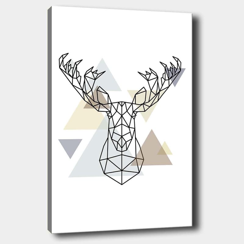 Canvas 70x100 cm - Geometrinen hirvenpää monikulmiotyyliin, Musta / Vaaleanharmaa / Beige