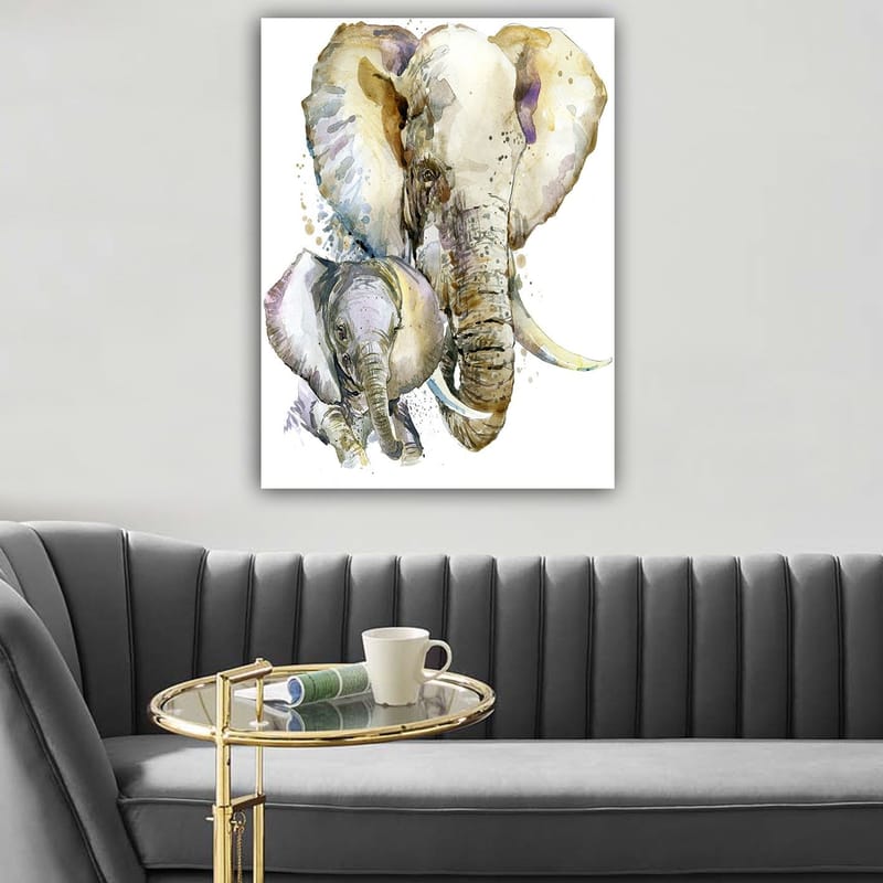 Canvas 70x100 cm - Maalaus kuvaa suurta ja pientä norsua pehmeällä ja värikkäällä vesivärityylillä - Harmaa / Beige / Violetti - Sisustustuotteet - Taulu & taide - Canvas-taulu