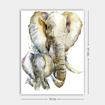 Canvas 70x100 cm - Maalaus kuvaa suurta ja pientä norsua pehmeällä ja värikkäällä vesivärityylillä - Harmaa / Beige / Violetti - Sisustustuotteet - Taulu & taide - Canvas-taulu