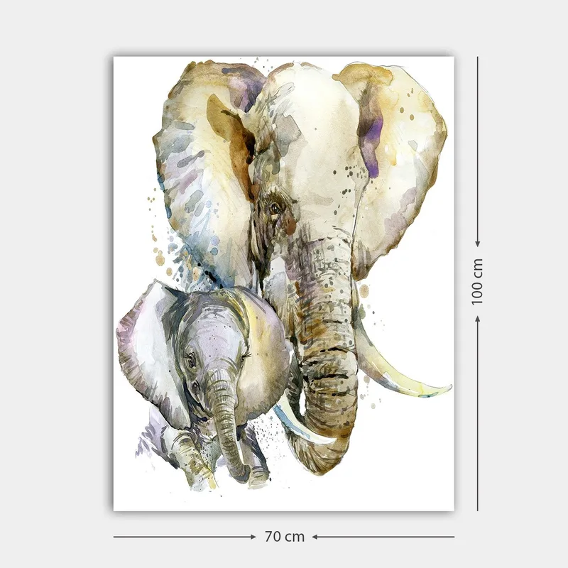 Canvas 70x100 cm - Maalaus kuvaa suurta ja pientä norsua pehmeällä ja värikkäällä vesivärityylillä - Harmaa / Beige / Violetti - Sisustustuotteet - Taulu & taide - Canvas-taulu