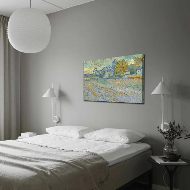 Canvas 70x100 cm - Maisemamaalaus, jossa taloja ja puita harmonisessa ja värikkäässä ympäristössä, Sininen / Keltainen / Vihreä