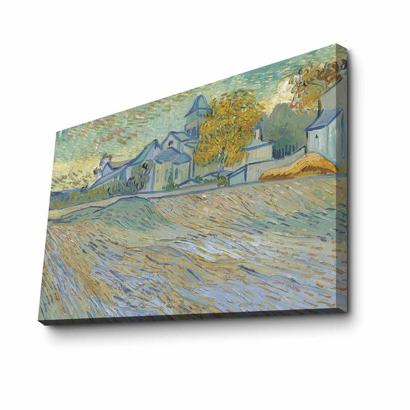 Canvas 70x100 cm - Maisemamaalaus, jossa taloja ja puita harmonisessa ja värikkäässä ympäristössä - Sininen / Keltainen / Vihreä - Sisustustuotteet - Taulu & taide - Canvas-taulu