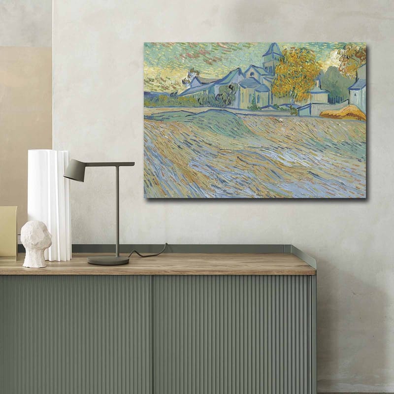 Canvas 70x100 cm - Maisemamaalaus, jossa taloja ja puita harmonisessa ja värikkäässä ympäristössä - Sininen / Keltainen / Vihreä - Sisustustuotteet - Taulu & taide - Canvas-taulu