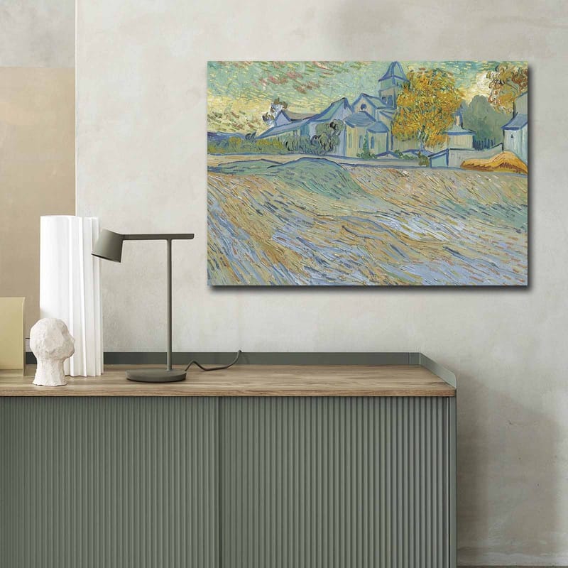 Canvas 70x100 cm - Maisemamaalaus, jossa taloja ja puita harmonisessa ja värikkäässä ympäristössä - Sininen / Keltainen / Vihreä - Sisustustuotteet - Taulu & taide - Canvas-taulu