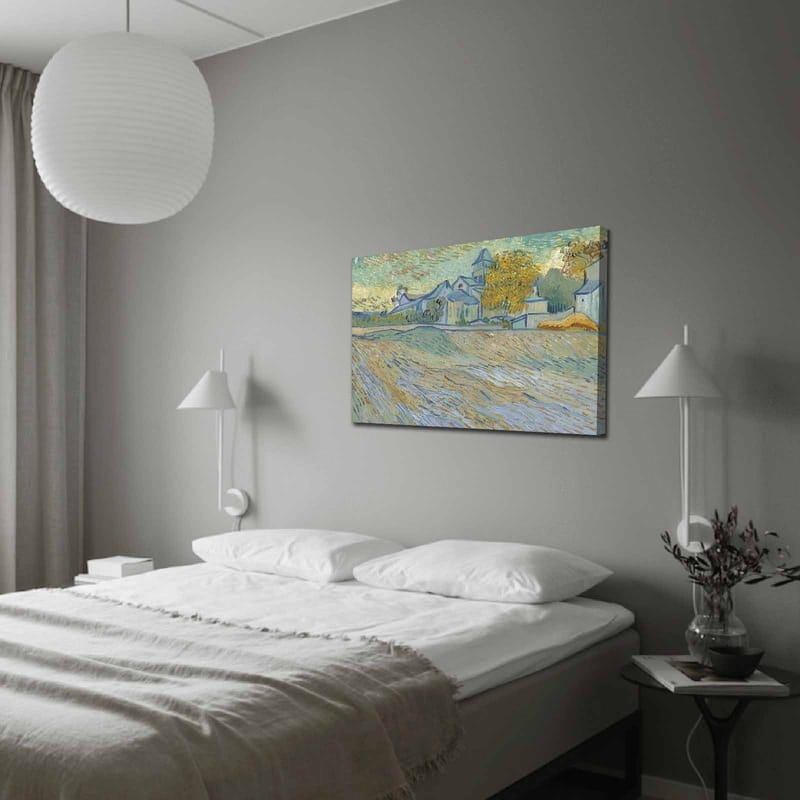 Canvas 70x100 cm - Maisemamaalaus, jossa taloja ja puita harmonisessa ja värikkäässä ympäristössä, Sininen / Keltainen / Vihreä