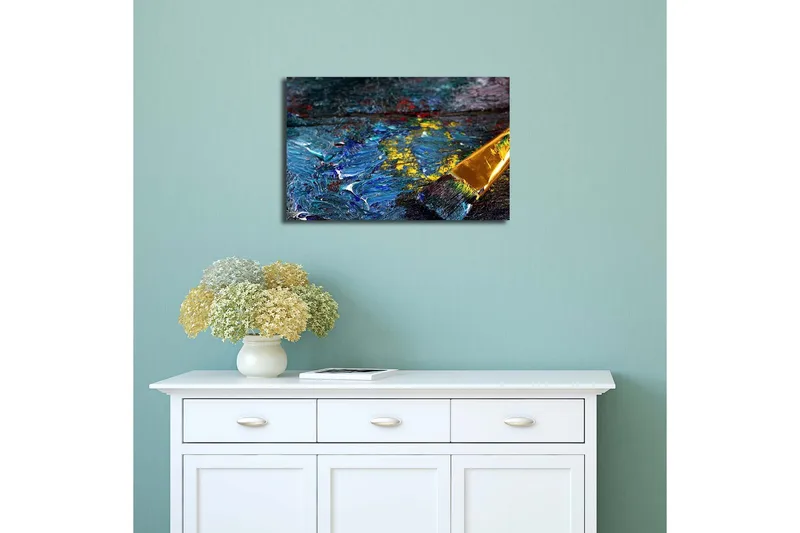 Canvas 70x45 cm - Värikäs paletti siveltimellä ja öljyväreillä - Sininen / Keltainen / Vihreä - Sisustustuotteet - Taulu & taide - Canvas-taulu