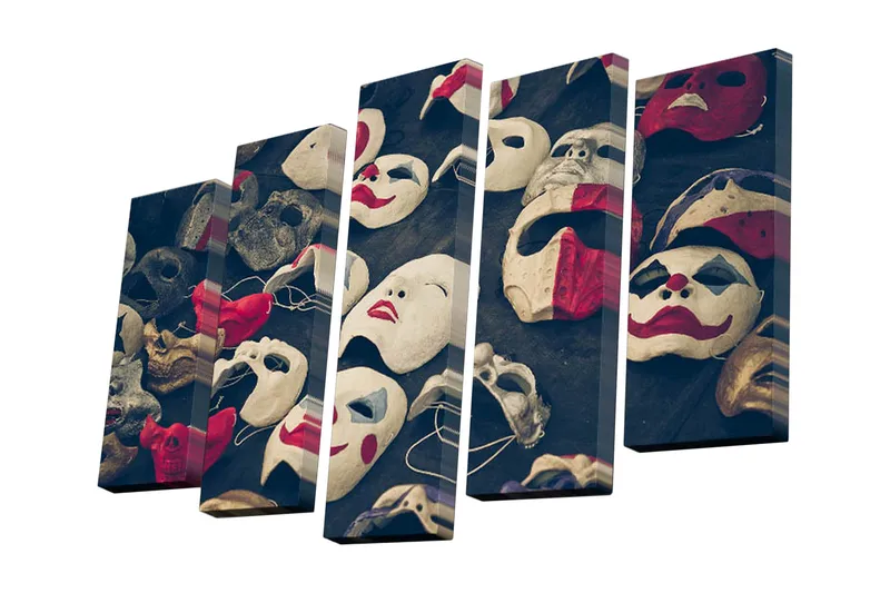 Canvas-taulu, 5 osaa, 82x50 cm - Erilaisia naamioita eri tyyleissä ja väreissä, Valkoinen / Punainen / Musta