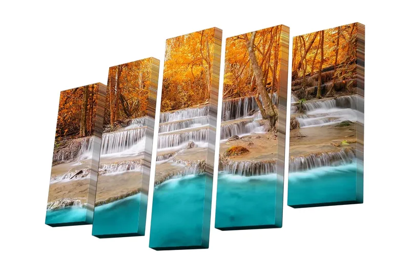 Canvas-taulu, 5 osaa, 82x50 cm - Kaunis vesiputous syksyn väreissä ja kirkkailla, turkooseilla vesipinnoilla, Oranssi / Turkoosi / Beige