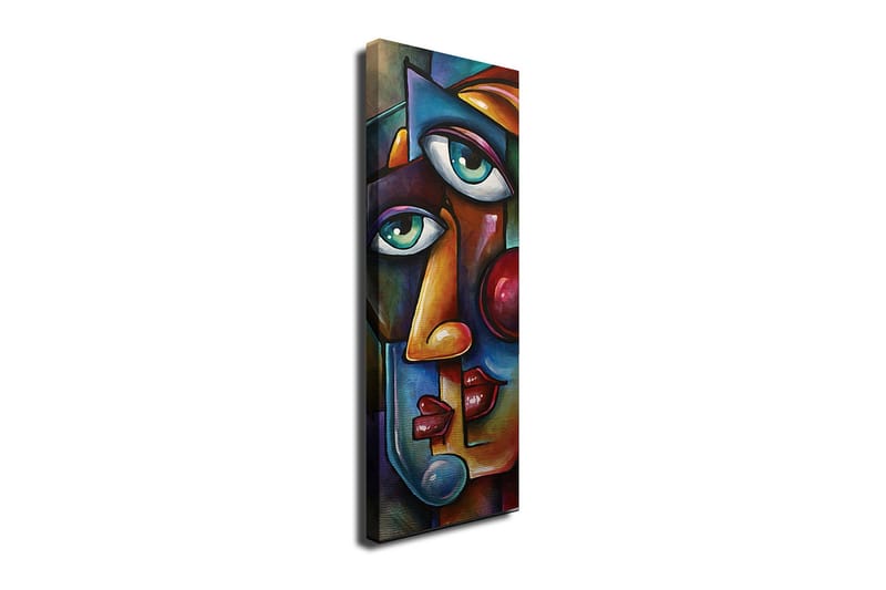 Canvas-taulu 30x80 cm - Abstrakti muotokuva, jossa kaksi kasvoa kietoutuvat toisiinsa, Tummansininen / Punainen / Beige