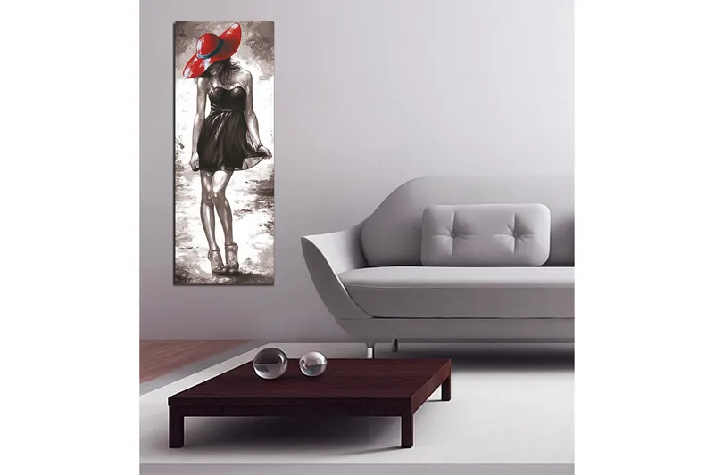 Canvas-taulu 30x80 cm - Elegantti nainen mustassa mekossa ja punaisessa hatussa - Punainen / Musta / Harmaa - Sisustustuotteet - Taulu & taide - Canvas-taulu