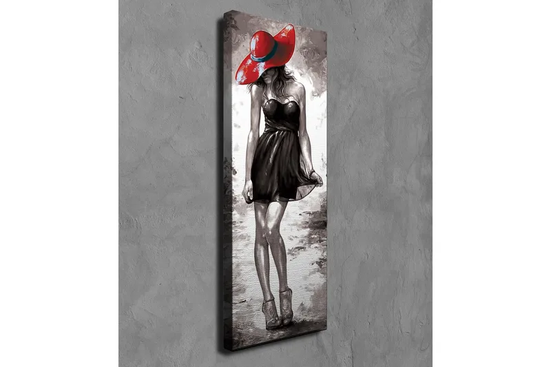 Canvas-taulu 30x80 cm - Elegantti nainen mustassa mekossa ja punaisessa hatussa - Punainen / Musta / Harmaa - Sisustustuotteet - Taulu & taide - Canvas-taulu