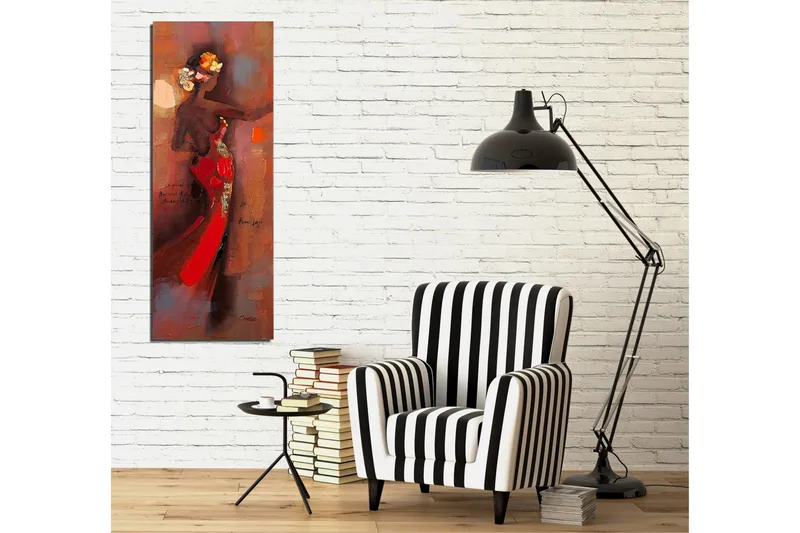 Canvas-taulu 30x80 cm - Elegantti nainen punaisessa mekossa ja kukkia hiuksissaan - Punainen / Ruskea / Beige - Sisustustuotteet - Taulu & taide - Canvas-taulu