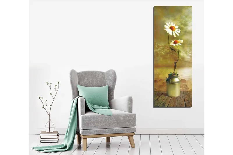 Canvas-taulu 30x80 cm - Kaksi päivänkakkaroita maitokannussa - Valkoinen / Vihreä / Beige - Sisustustuotteet - Taulu & taide - Canvas-taulu