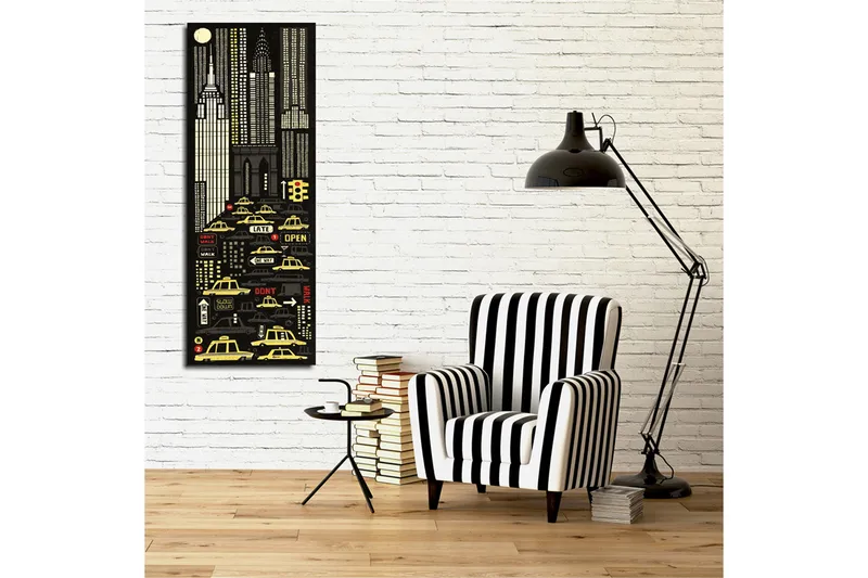 Canvas-taulu 30x80 cm - Kaupunkikuva keltaisilla takseilla ja pilvenpiirtäjillä öisessä ympäristössä - Musta / Keltainen / Valkoinen - Sisustustuotteet - Taulu & taide - Canvas-taulu