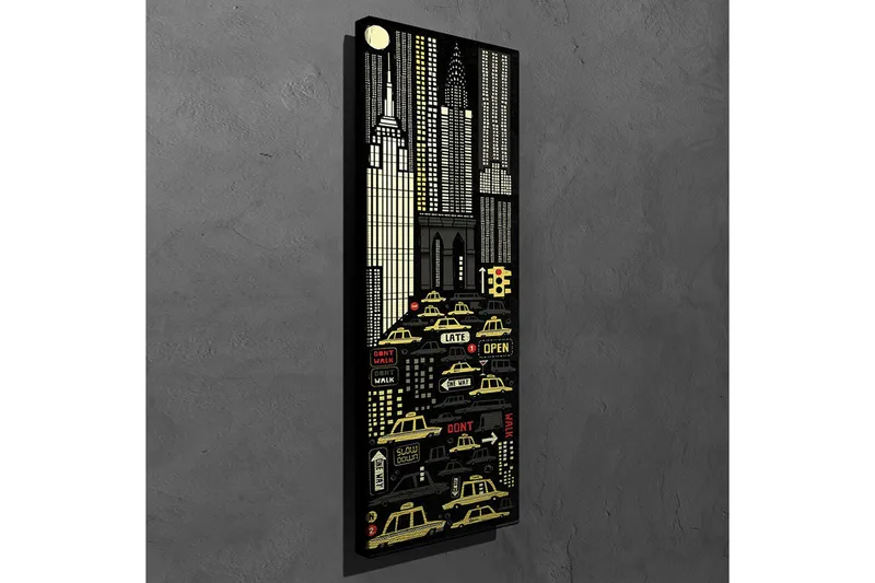 Canvas-taulu 30x80 cm - Kaupunkikuva keltaisilla takseilla ja pilvenpiirtäjillä öisessä ympäristössä - Musta / Keltainen / Valkoinen - Sisustustuotteet - Taulu & taide - Canvas-taulu