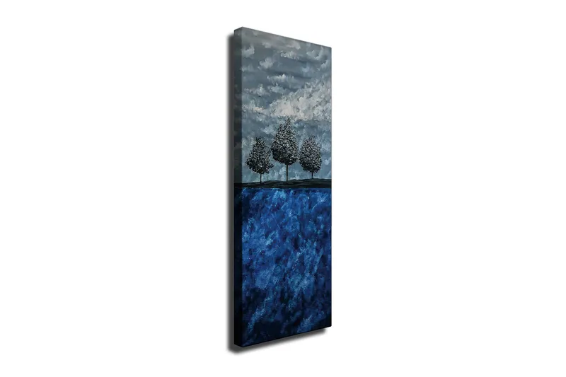 Canvas-taulu 30x80 cm - Kolme tyyliteltyä puuta sinisellä taustalla, Tummansininen / Vaaleansininen / Harmaa