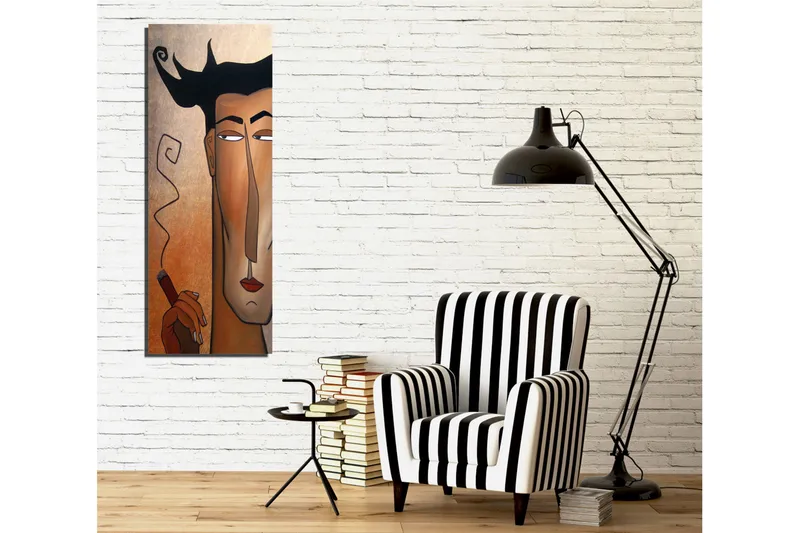 Canvas-taulu 30x80 cm - Muotokuva miehestä, jolla on sikari ja tyylitellyt hiukset - Tummanruskea / Beige / Musta - Sisustustuotteet - Taulu & taide - Canvas-taulu
