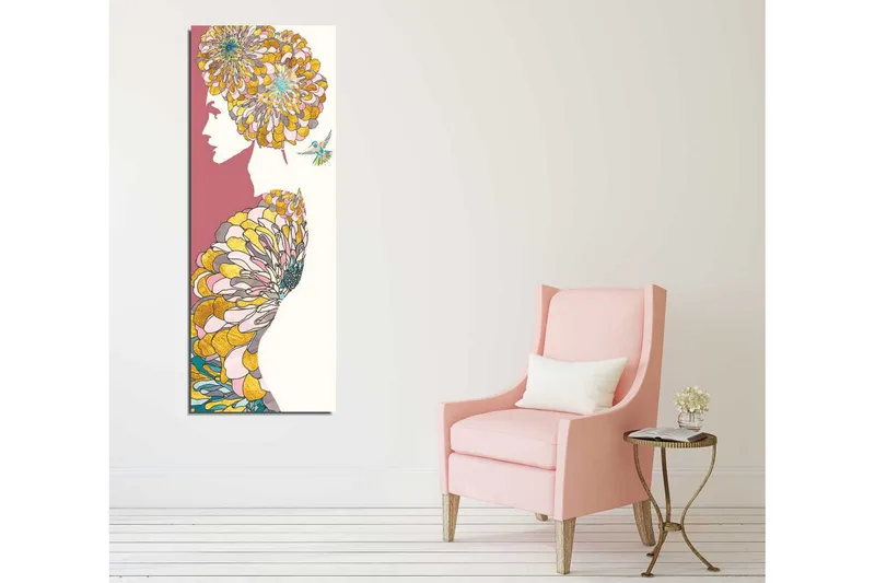 Canvas-taulu 30x80 cm - Naisen siluetti kukkien kanssa kampauksena - Vaaleanpunainen / Keltainen / Vihreä - Sisustustuotteet - Taulu & taide - Canvas-taulu