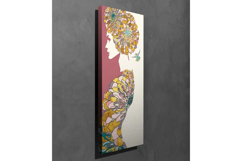 Canvas-taulu 30x80 cm - Naisen siluetti kukkien kanssa kampauksena - Vaaleanpunainen / Keltainen / Vihreä - Sisustustuotteet - Taulu & taide - Canvas-taulu