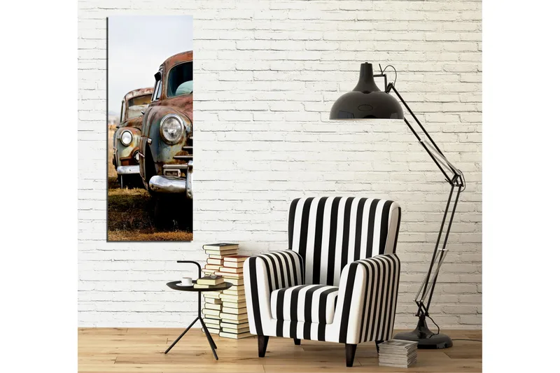 Canvas-taulu 30x80 cm - Ruosteiset vintage-autot autiossa ympäristössä - Ruosteenruskea / Vihreä / Hopea - Sisustustuotteet - Taulu & taide - Canvas-taulu