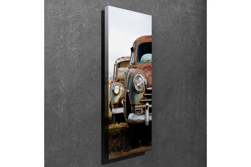 Canvas-taulu 30x80 cm - Ruosteiset vintage-autot autiossa ympäristössä - Ruosteenruskea / Vihreä / Hopea - Sisustustuotteet - Taulu & taide - Canvas-taulu