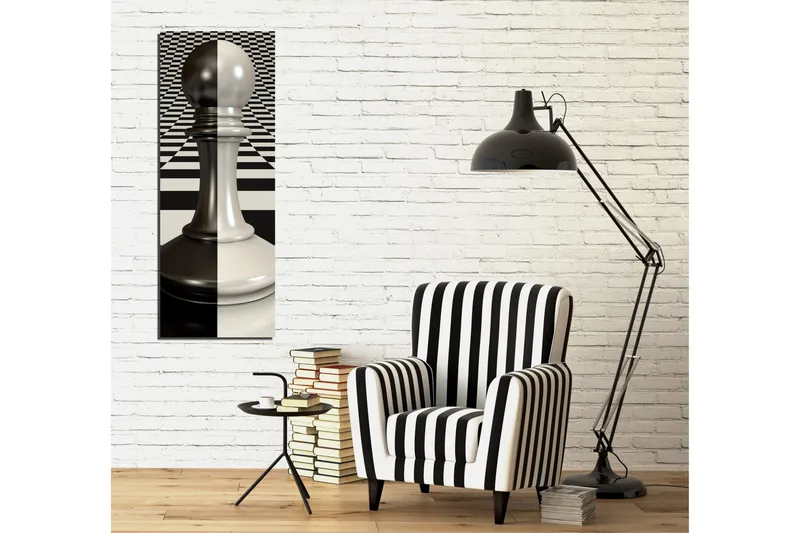 Canvas-taulu 30x80 cm - Shakkinappulan veistos perspektiivissä - Harmaa / Musta / Valkoinen - Sisustustuotteet - Taulu & taide - Canvas-taulu