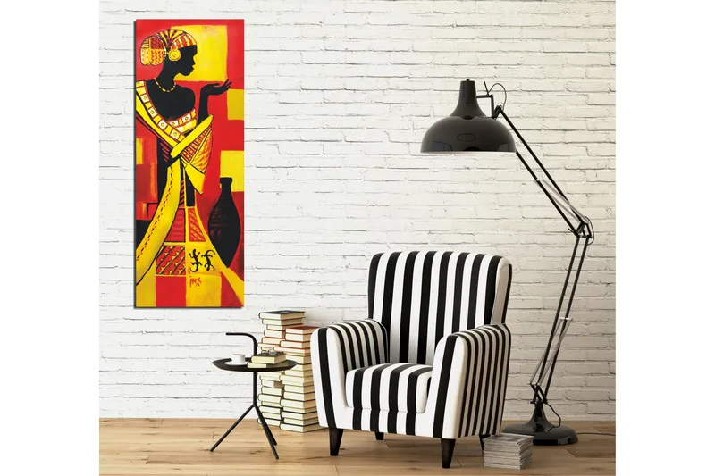 Canvas-taulu 30x80 cm - Siluetti naisesta perinteisessä asussa ruukun kanssa - Punainen / Musta / Keltainen - Sisustustuotteet - Taulu & taide - Canvas-taulu