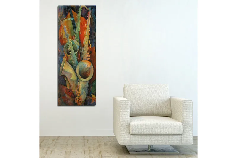 Canvas-taulu 30x80 cm - Soittimien sommittelu abstraktissa tyylissä - Vihreä / Oranssi / Sininen - Sisustustuotteet - Taulu & taide - Canvas-taulu