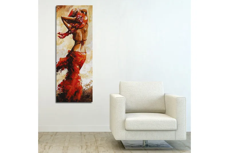 Canvas-taulu 30x80 cm - Tanssiva nainen punaisessa mekossa - Punainen / Beige / Ruskea - Sisustustuotteet - Taulu & taide - Canvas-taulu