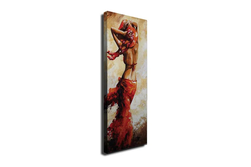 Canvas-taulu 30x80 cm - Tanssiva nainen punaisessa mekossa, Punainen / Beige / Ruskea