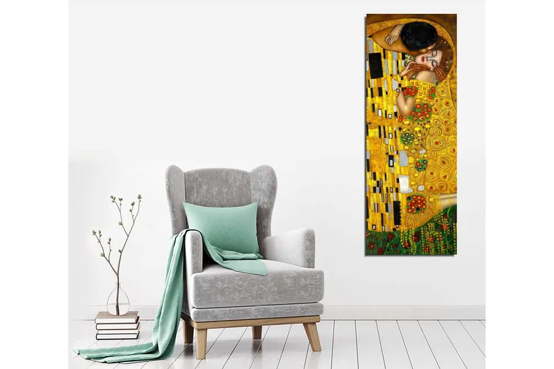 Canvas-taulu 30x80 cm - Tunteellinen syleily kahden rakastavaisen välillä - Kulta / Vihreä / Punainen - Sisustustuotteet - Taulu & taide - Canvas-taulu