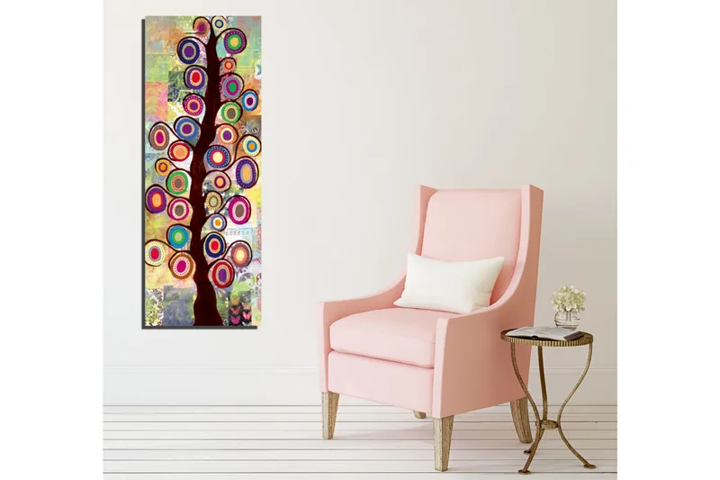 Canvas-taulu 30x80 cm - Värikäs puutaide pyöreillä lehdillä - Tummanruskea / taivaansininen / violetti - Sisustustuotteet - Taulu & taide - Canvas-taulu