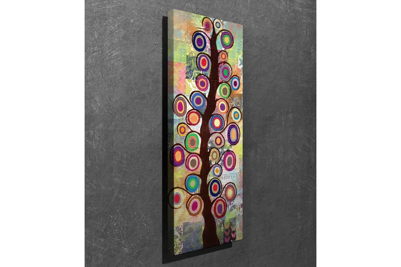 Canvas-taulu 30x80 cm - Värikäs puutaide pyöreillä lehdillä - Tummanruskea / taivaansininen / violetti - Sisustustuotteet - Taulu & taide - Canvas-taulu