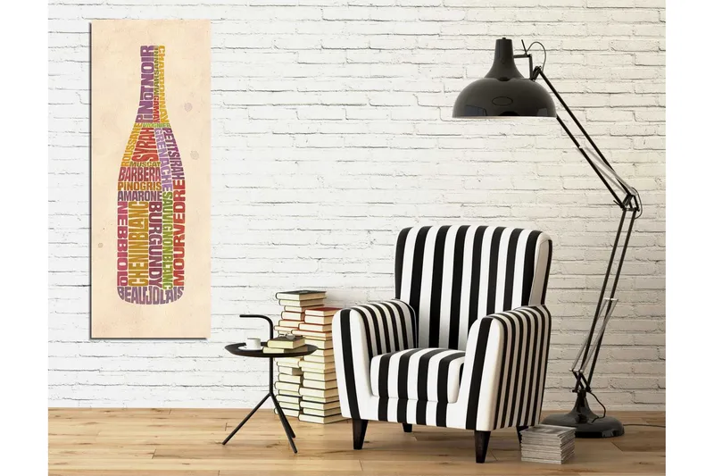 Canvas-taulu 30x80 cm - Viiniin liittyvien sanojen muotoilema pullo - Violetti / Punainen / Keltainen - Sisustustuotteet - Taulu & taide - Canvas-taulu