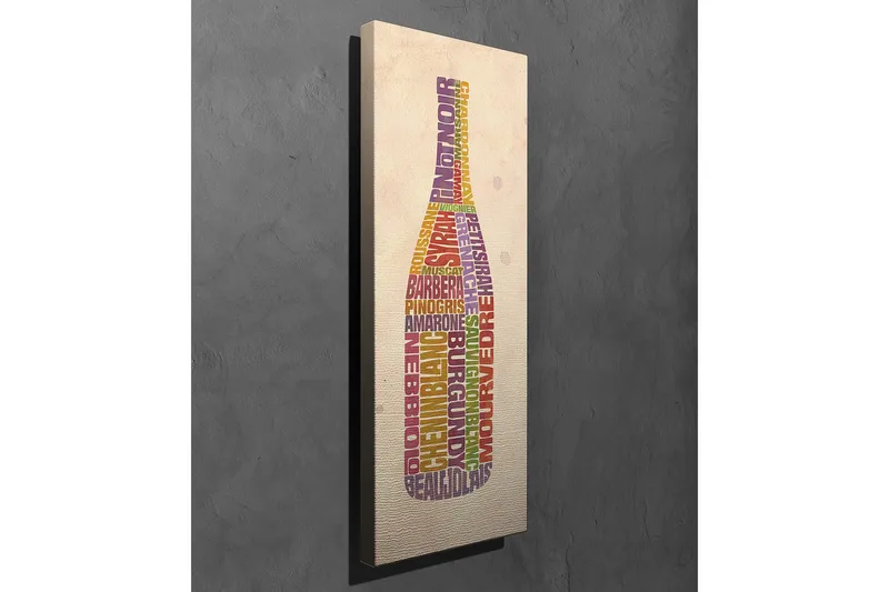 Canvas-taulu 30x80 cm - Viiniin liittyvien sanojen muotoilema pullo - Violetti / Punainen / Keltainen - Sisustustuotteet - Taulu & taide - Canvas-taulu