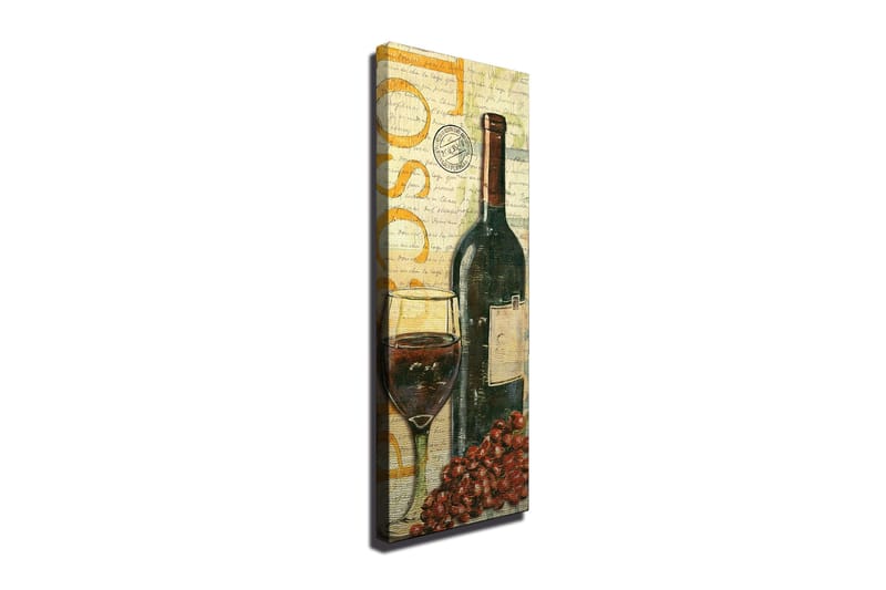 Canvas-taulu 30x80 cm - Viinipullo lasilla ja viinirypäleillä, Tummanvihreä / Punainen / Ruskea