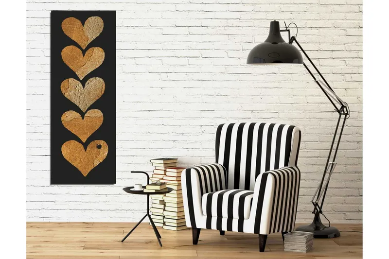 Canvas-taulu 30x80 cm - Viisi sydäntä eri kultaisissa sävyissä mustalla taustalla - Kulta / Musta - Sisustustuotteet - Taulu & taide - Canvas-taulu