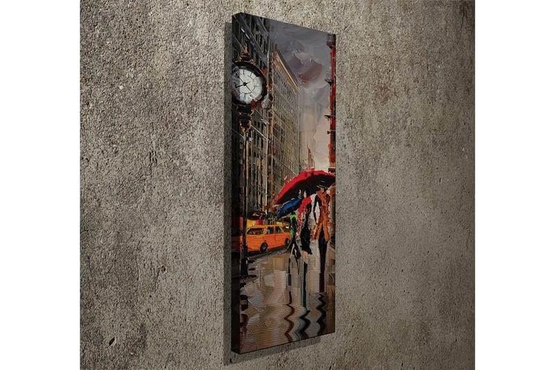 Canvas-taulu 30x80 cm - Vilkas kaupunkikuva, jossa ihmiset kävelevät sateenvarjojen alla sateessa - Punainen / Keltainen / Harmaa - Sisustustuotteet - Taulu & taide - Canvas-taulu