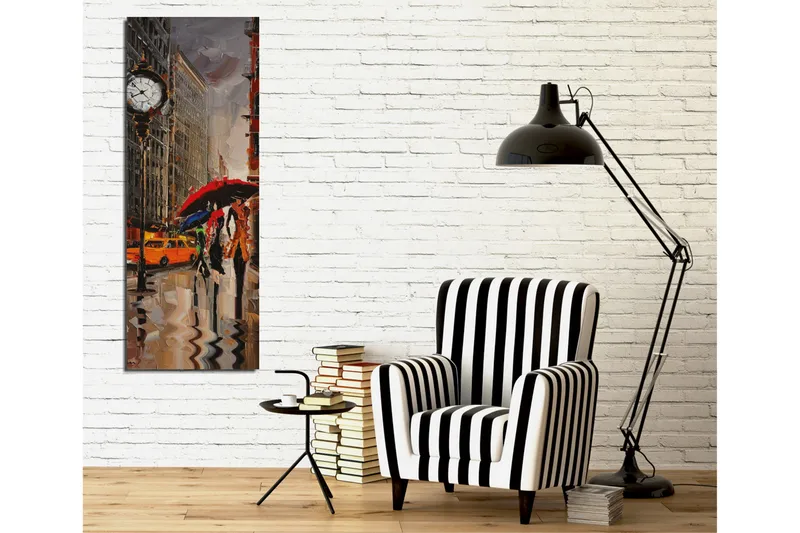 Canvas-taulu 30x80 cm - Vilkas kaupunkikuva, jossa ihmiset kävelevät sateenvarjojen alla sateessa - Punainen / Keltainen / Harmaa - Sisustustuotteet - Taulu & taide - Canvas-taulu