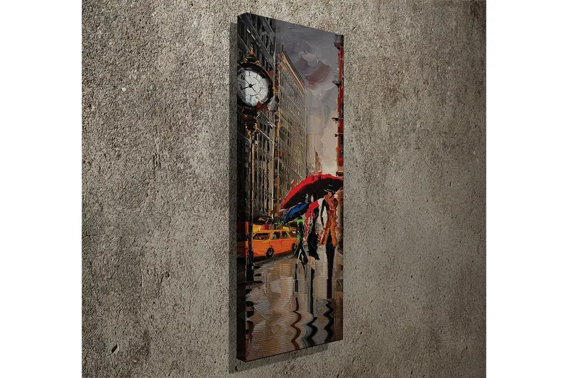 Canvas-taulu 30x80 cm - Vilkas kaupunkikuva, jossa ihmiset kävelevät sateenvarjojen alla sateessa - Punainen / Keltainen / Harmaa - Sisustustuotteet - Taulu & taide - Canvas-taulu
