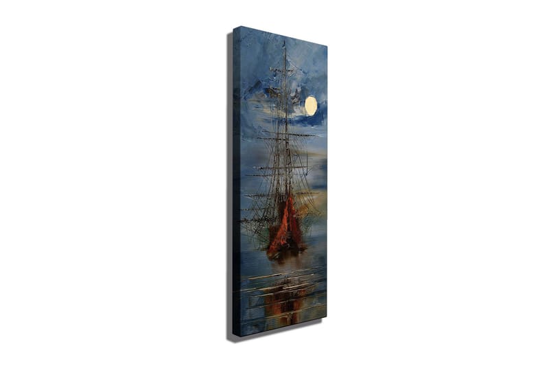 Canvas-taulu 30x80 cm - Purjevene peilimäisellä järvellä täysikuun valossa, Tummansininen / Oranssi / Valkoinen
